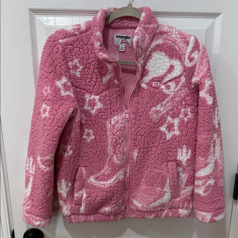 Wrangler x Barbie Pink and White Full Zip Fleece Girls Jacket Sz XL